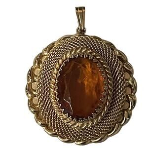 Y2K Vintage Pendant 90s Bold Statement Goldtone Faux Amber Stone Jewelry Womens